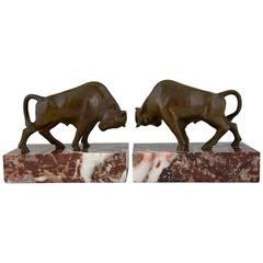 Art Deco Bronze Bull Bookends by Luc, 1930 France