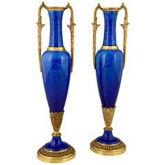 Antique Pair of Gilt Bronze and Blue Ceramic Vases Paul Milet for Sèvres, 189