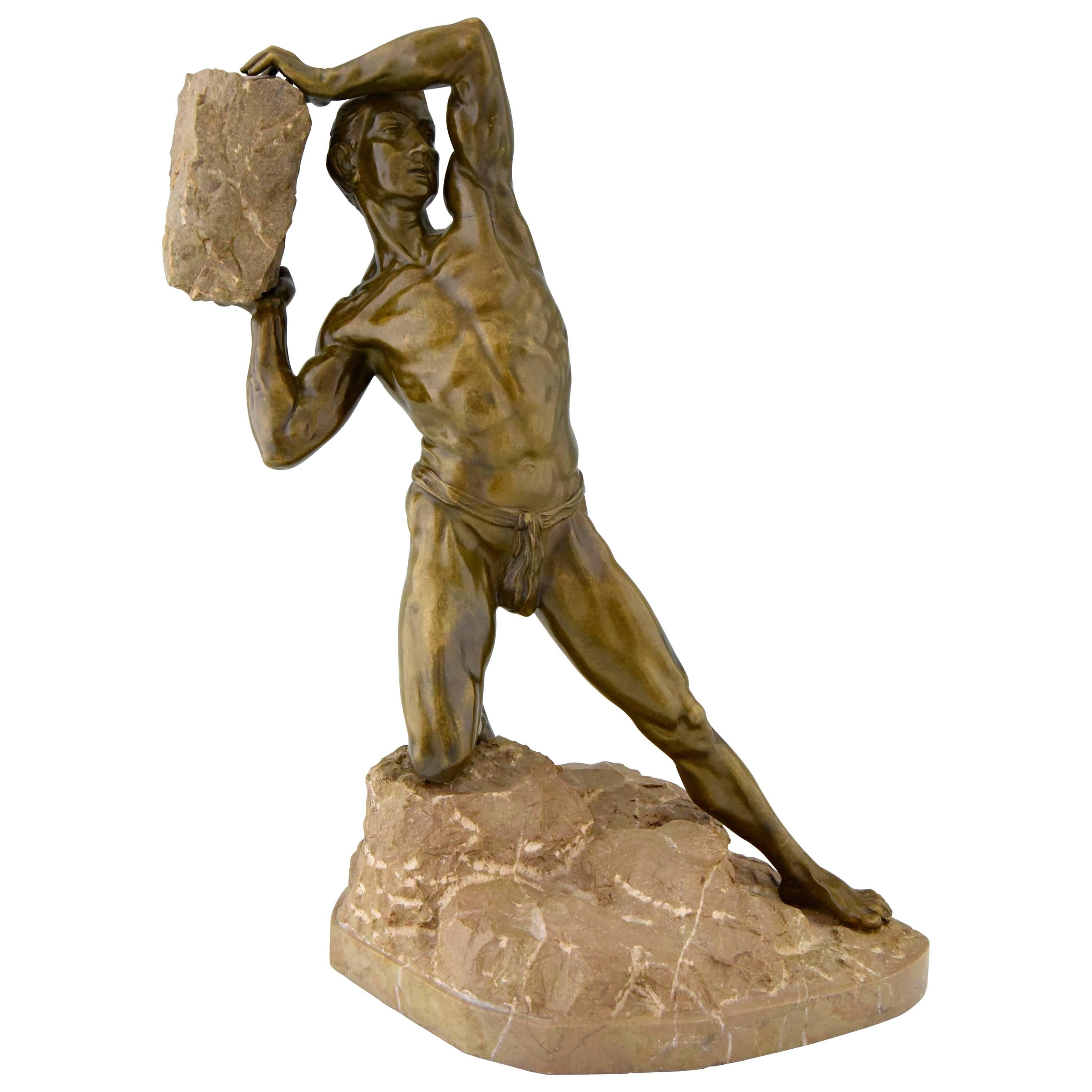 Antique Bronze Sculpture Male Nude with Rock, 1900