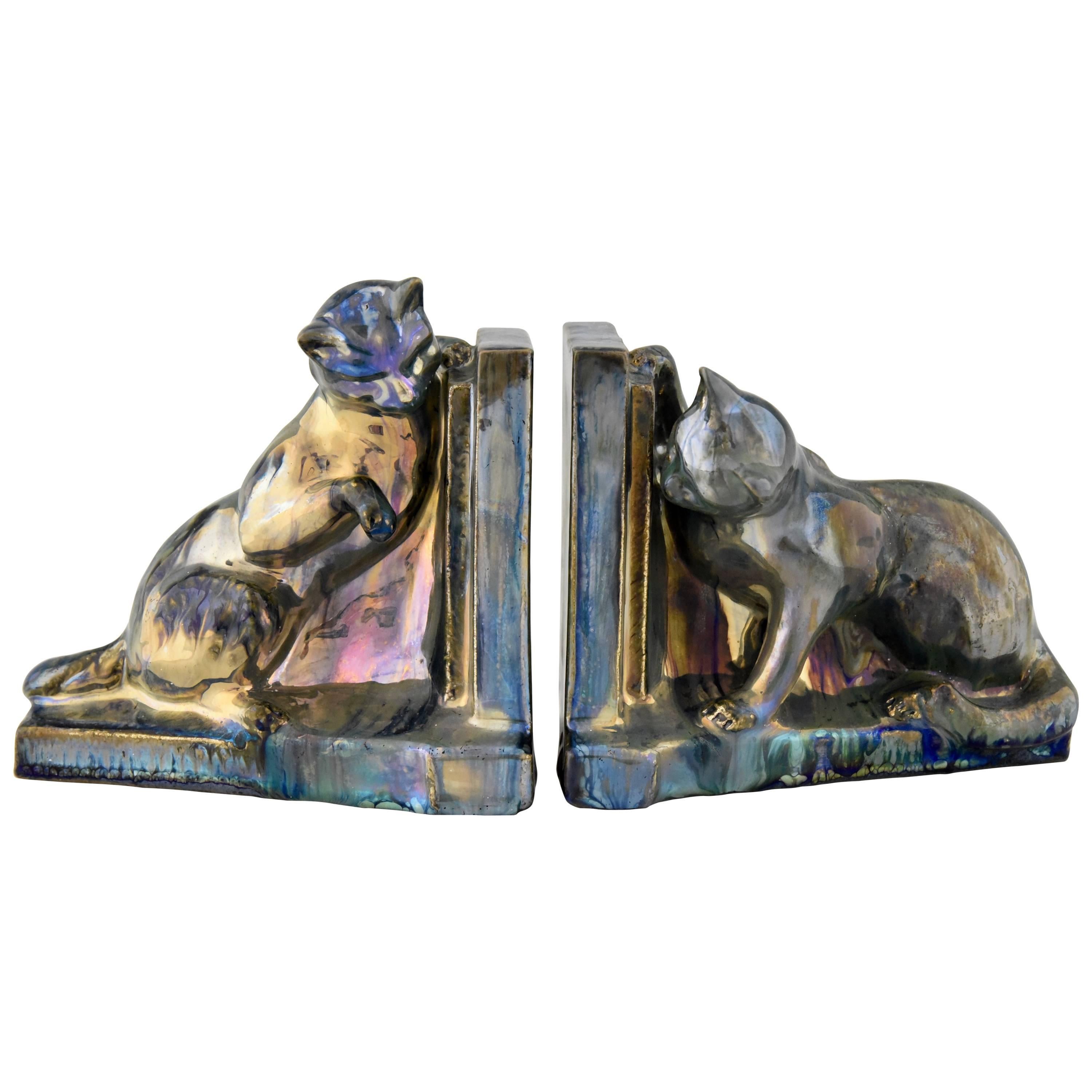 Art Deco Ceramic Cat Bookends A. Cytère for Rambervillers, 1931