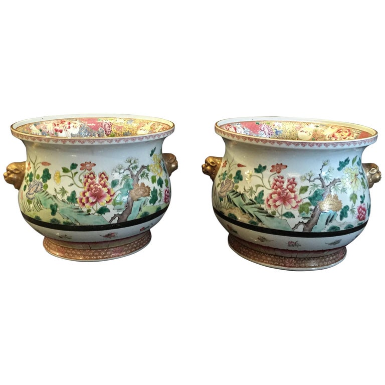 Pair of Chinese Famille Rose Cachepots