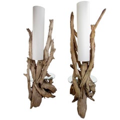 Pair of Vintage Driftwood Floor Lamps with Glass End Tables