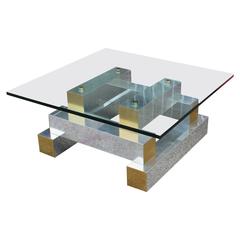 Striking Modern Brutalist Chrome Brass Glass Cityscape Square Coffee Table