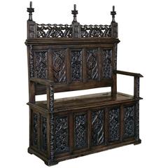Antique 19th Century French Gothic Hand-Carved Oak Hall Bench, circa 1850s