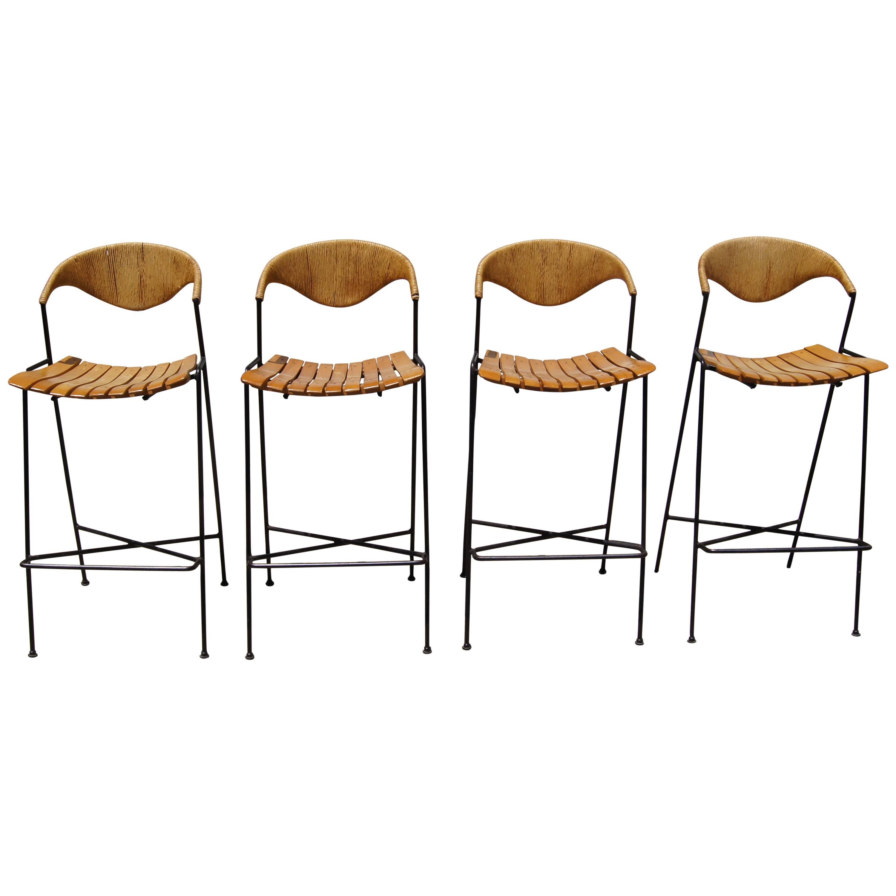 Set of Four Iron, Walnut and Paper Cord Bar Stools by Arthur Umanoff