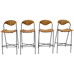 Vintage Set of Four Iron, Walnut and Paper Cord Bar Stools by Arthur Umanoff
