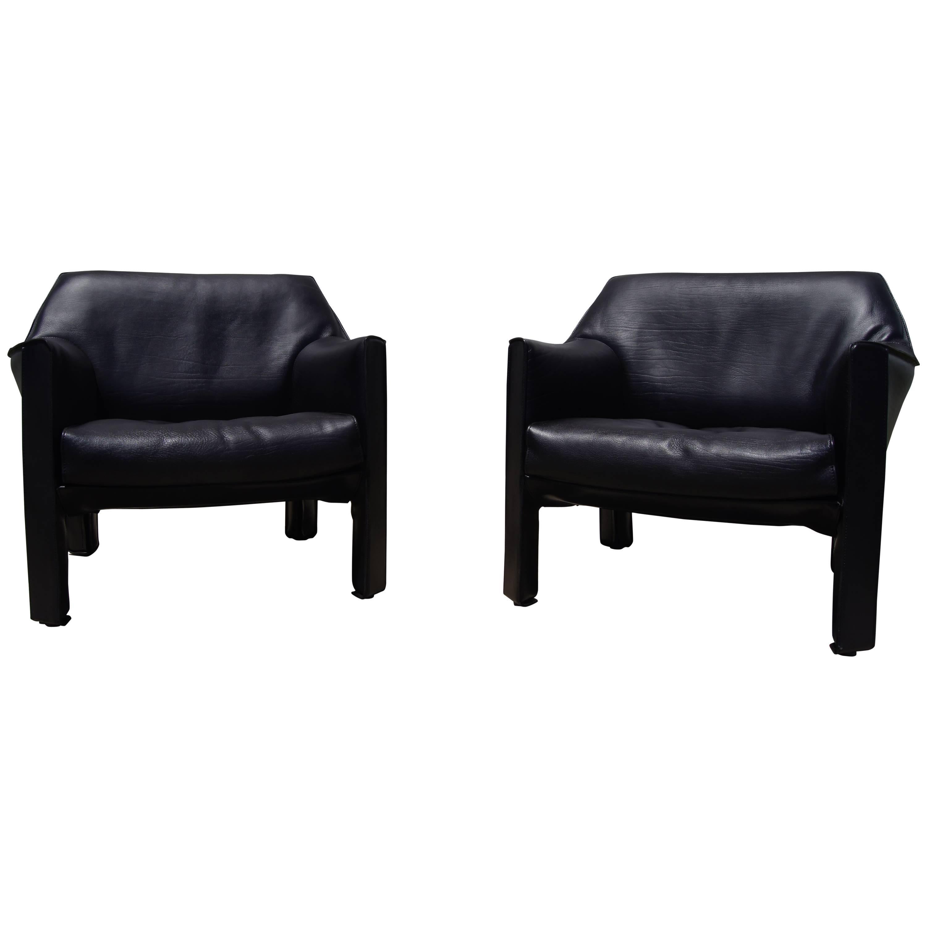 Pair of Black Leather Cab Armchairs by Mario Bellini for Cassina