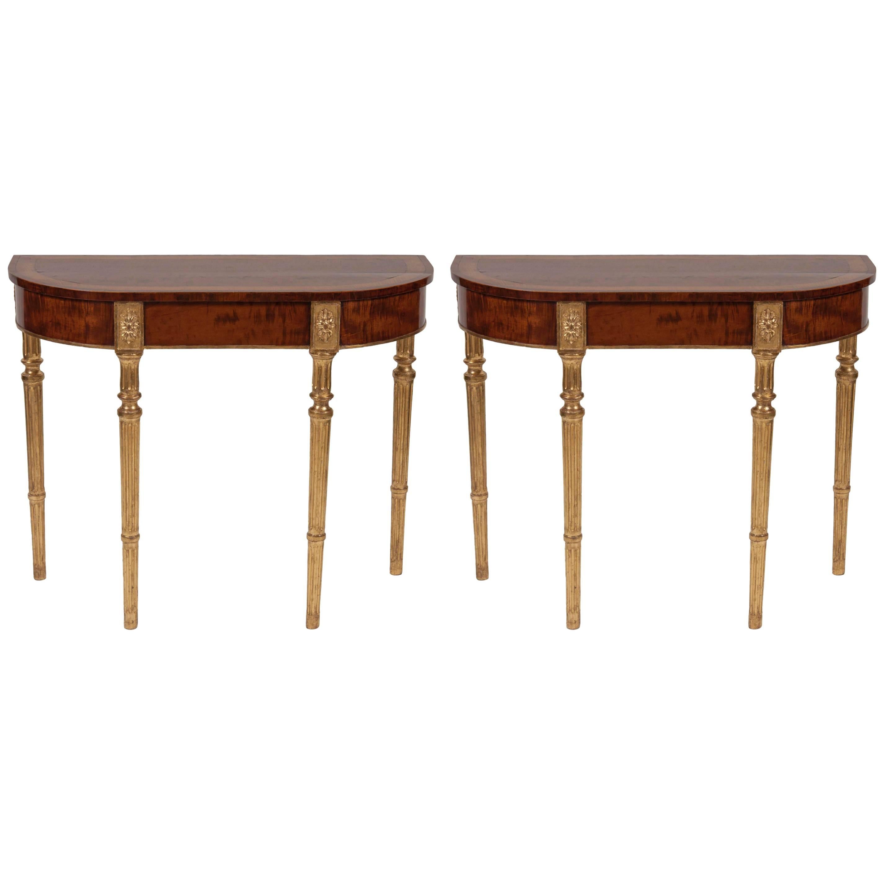 Pair of Matched George III Mahogany and Satinwood Parcel-Gilt Console Tables