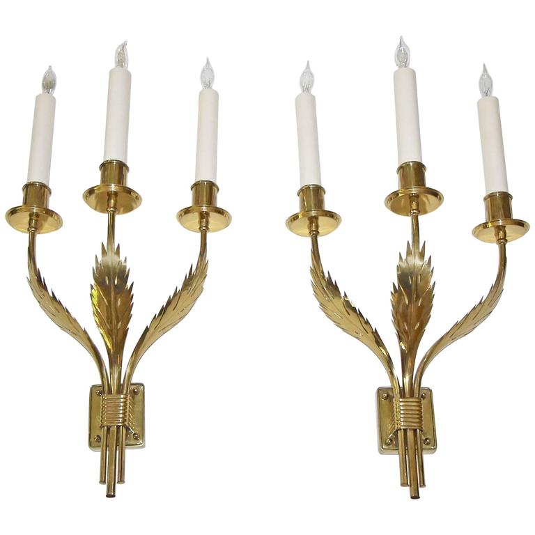 Rare Pair of Large Brass Tommi Parzinger Originals Acanthus Leaf Wall Sconces For Sale at 1stdibs