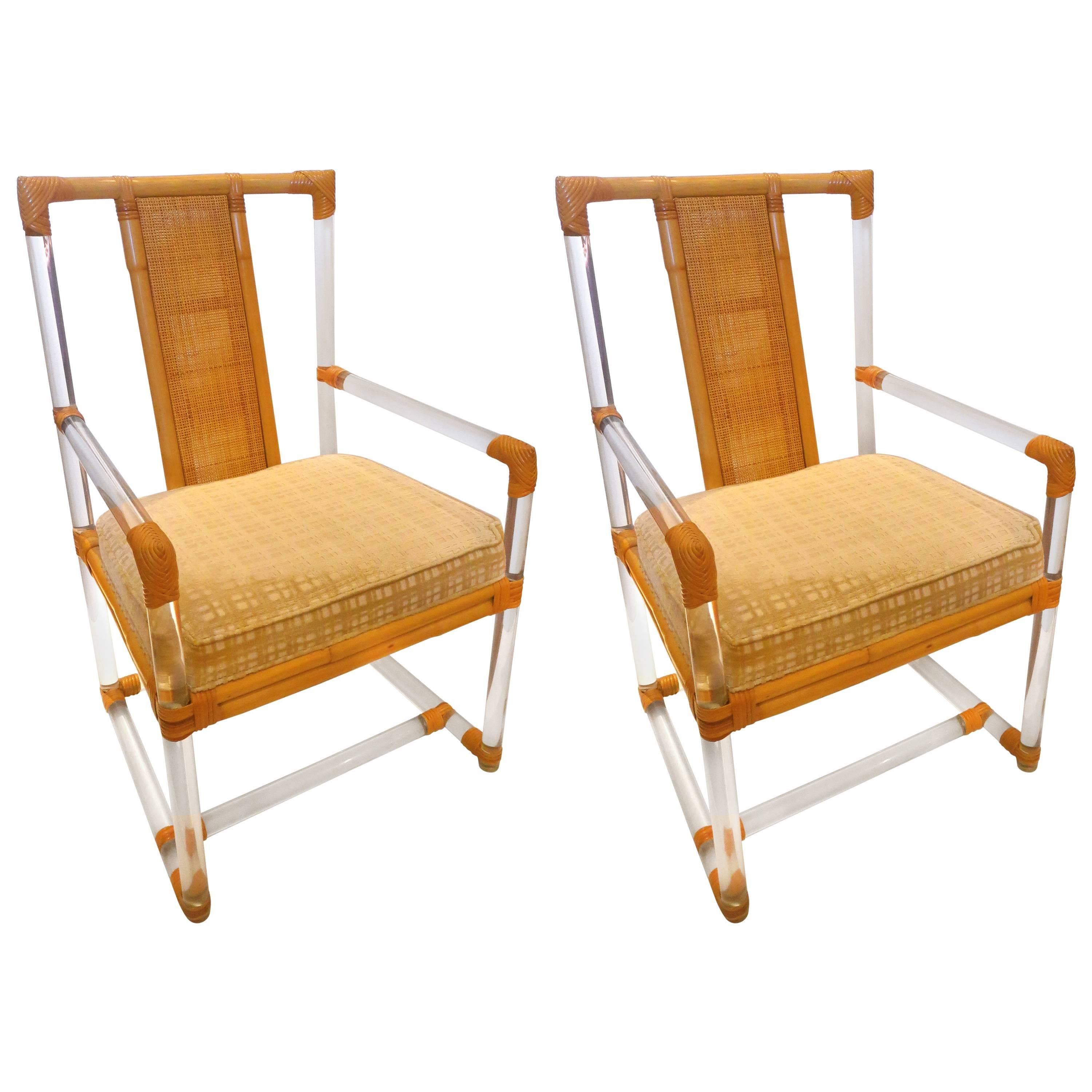 Striking Pair of Lucite and Rattan Tall Back Captain Chairs by Ficks Reed