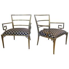 Pair of Brass Greek Key Armchairs, USA