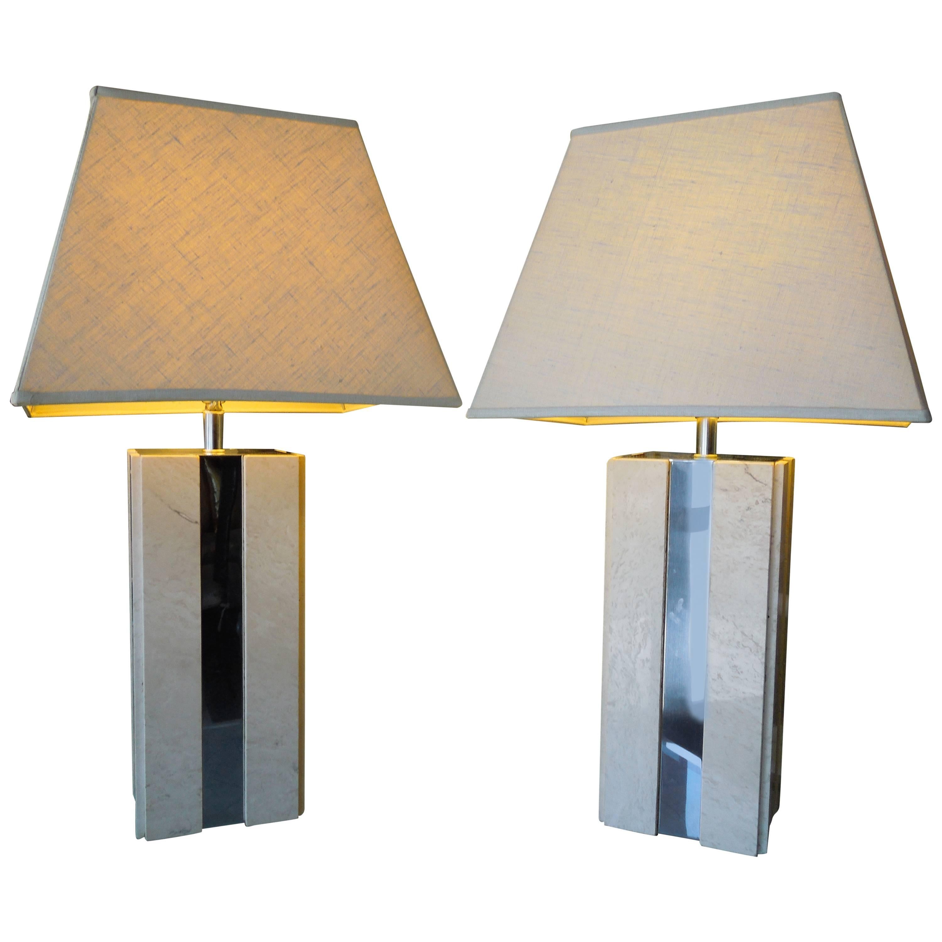 Travertine and Chrome Modern Skyscraper Lamps, 1970s Pair