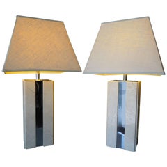 Moderne Wolkenkratzer-Lampen aus Travertin und Chrom, 1970er Jahre, Paar