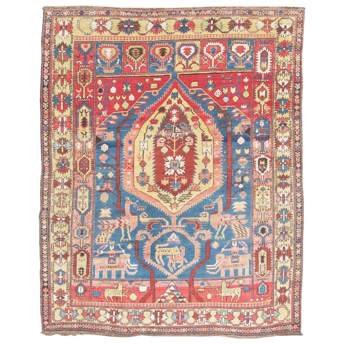 Tapis Shirvan caucasien ancien bleu et rouge, vers 1900