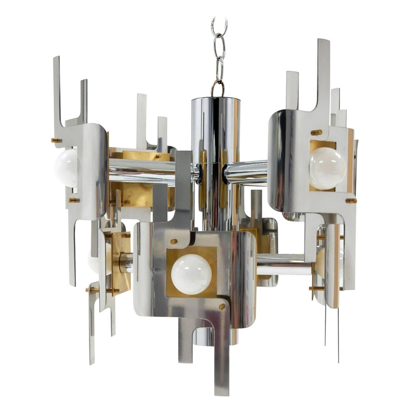 Aluminum 1970s Chrome and Brass Chandelier Lamp