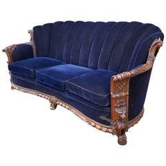 1930s Mohair and Carved Wood Sofa, Carved Lion Motif
