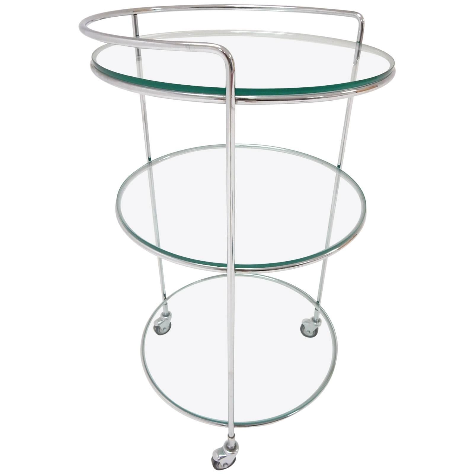 1970s Circular Chrome Steel and Glass Tri-Level Tripod Bar Serving Cart