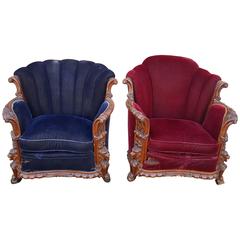 Pair of 1930s Mohair and Carved Wood Lounge Chairs Carved Lion Motif