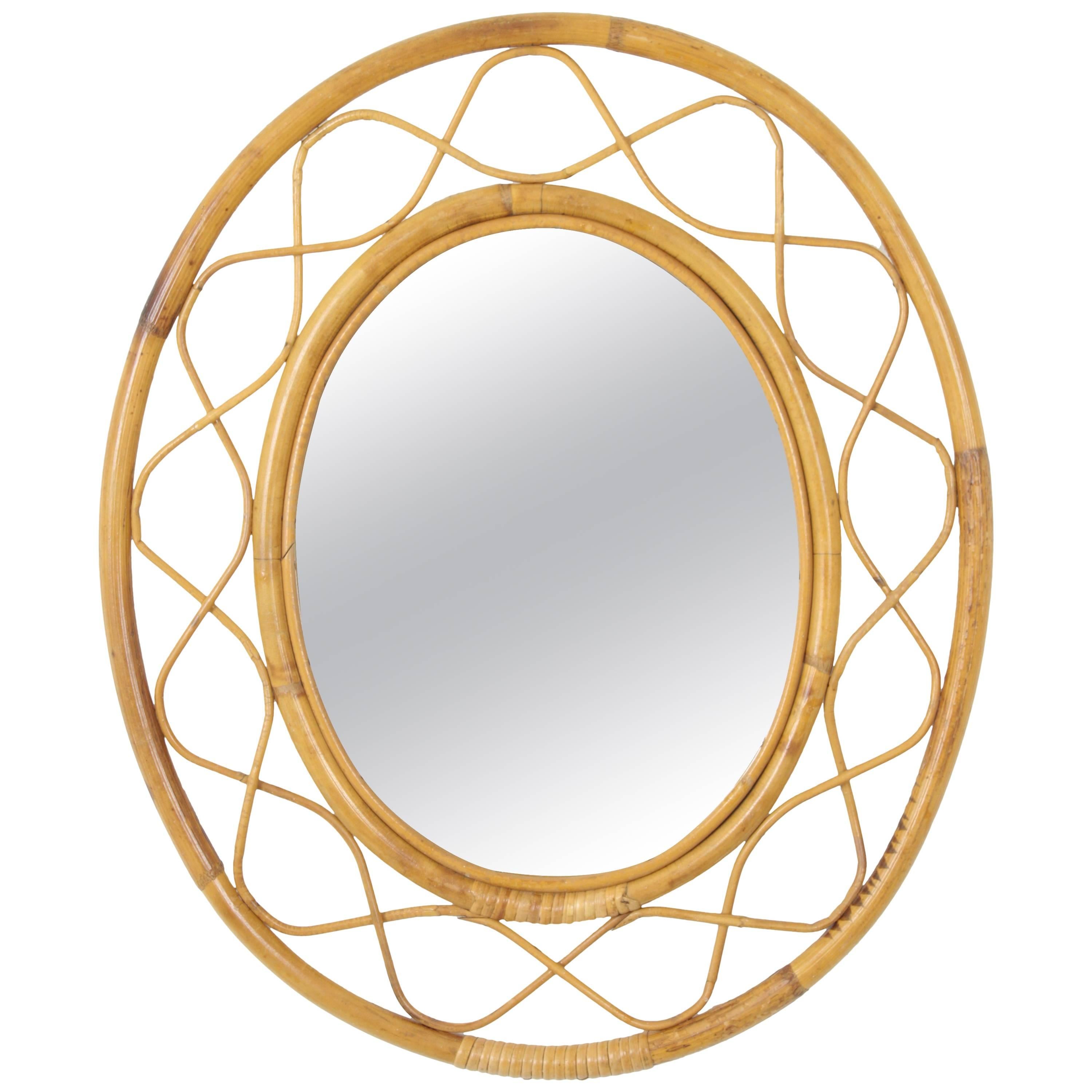 Jean Royère Style French Riviera Bamboo and Rattan Oval Mirror
