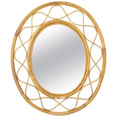 Jean Royère Style French Riviera Bamboo and Rattan Oval Mirror