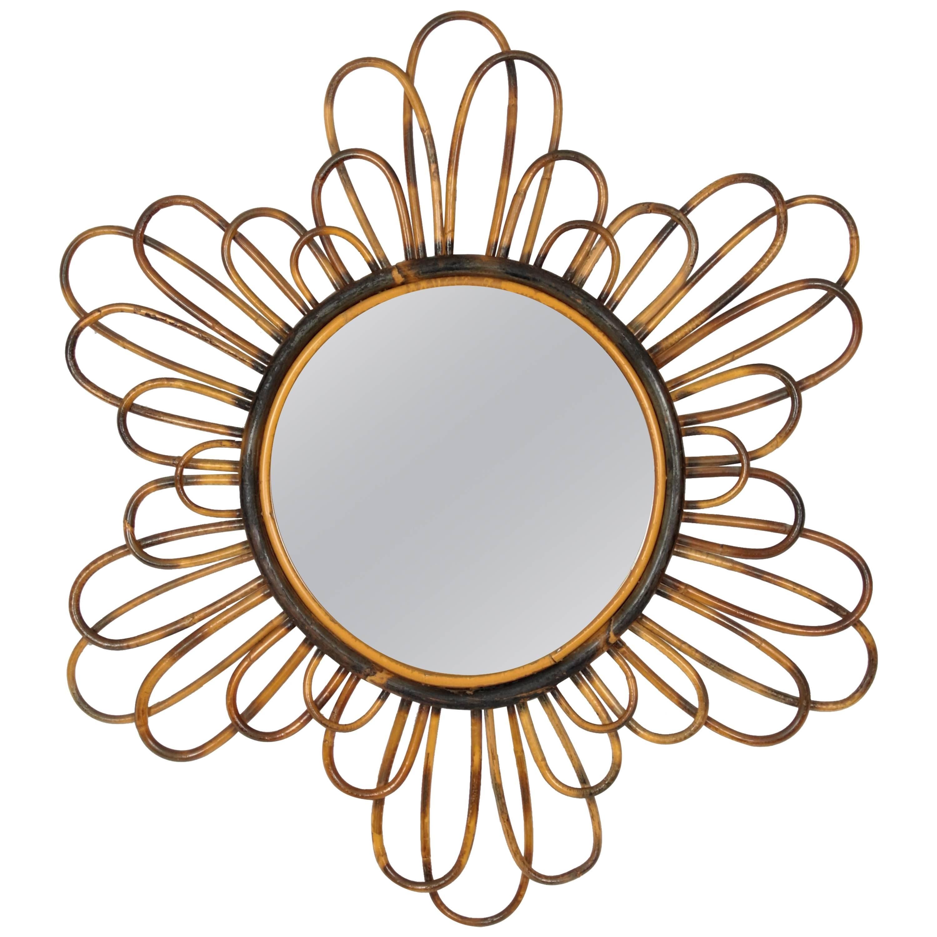 1960s French Riviera Flower Burst Bamboo Mirror with Pyrography Decoration
