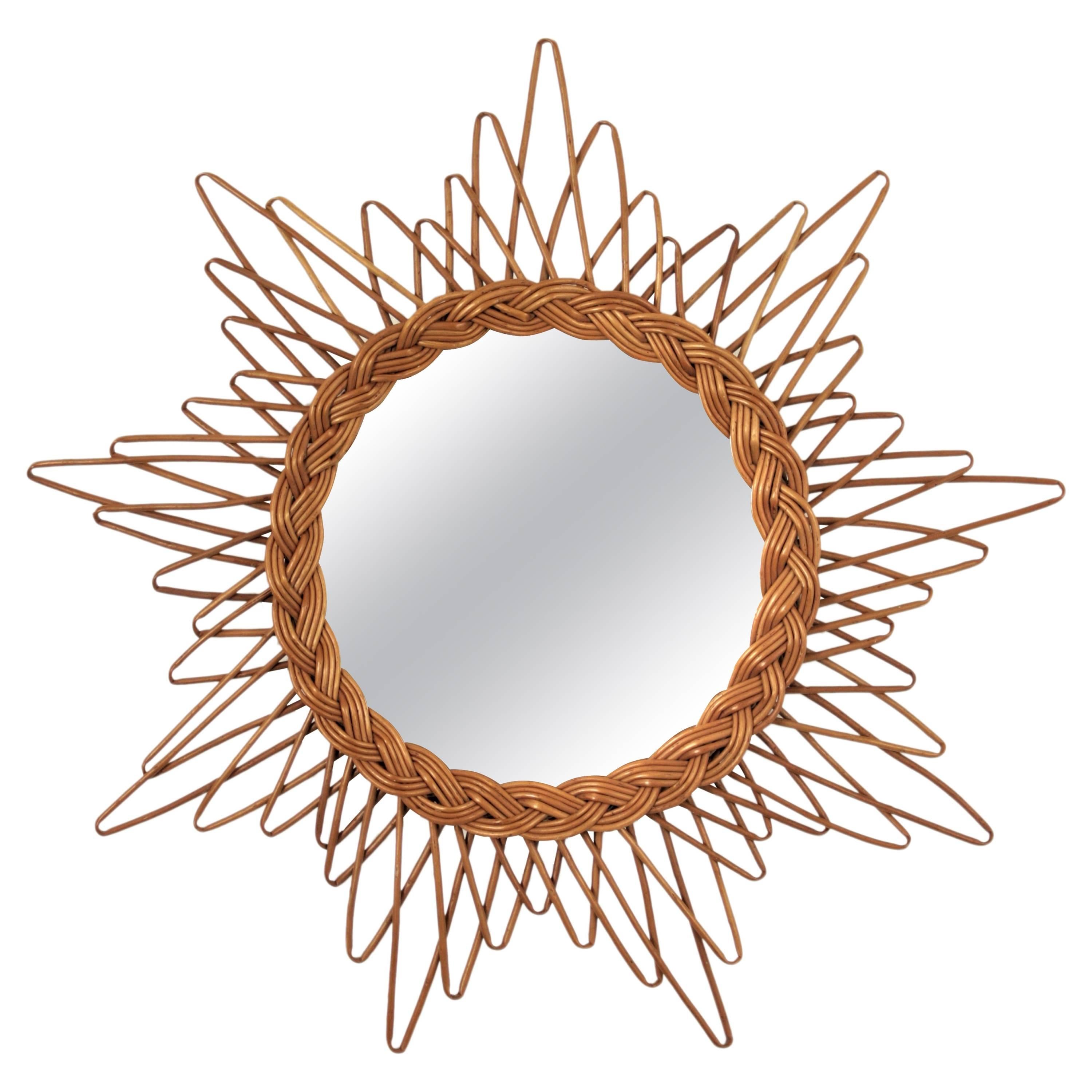 French 1960s Starburst Rattan or Wicker Mirror