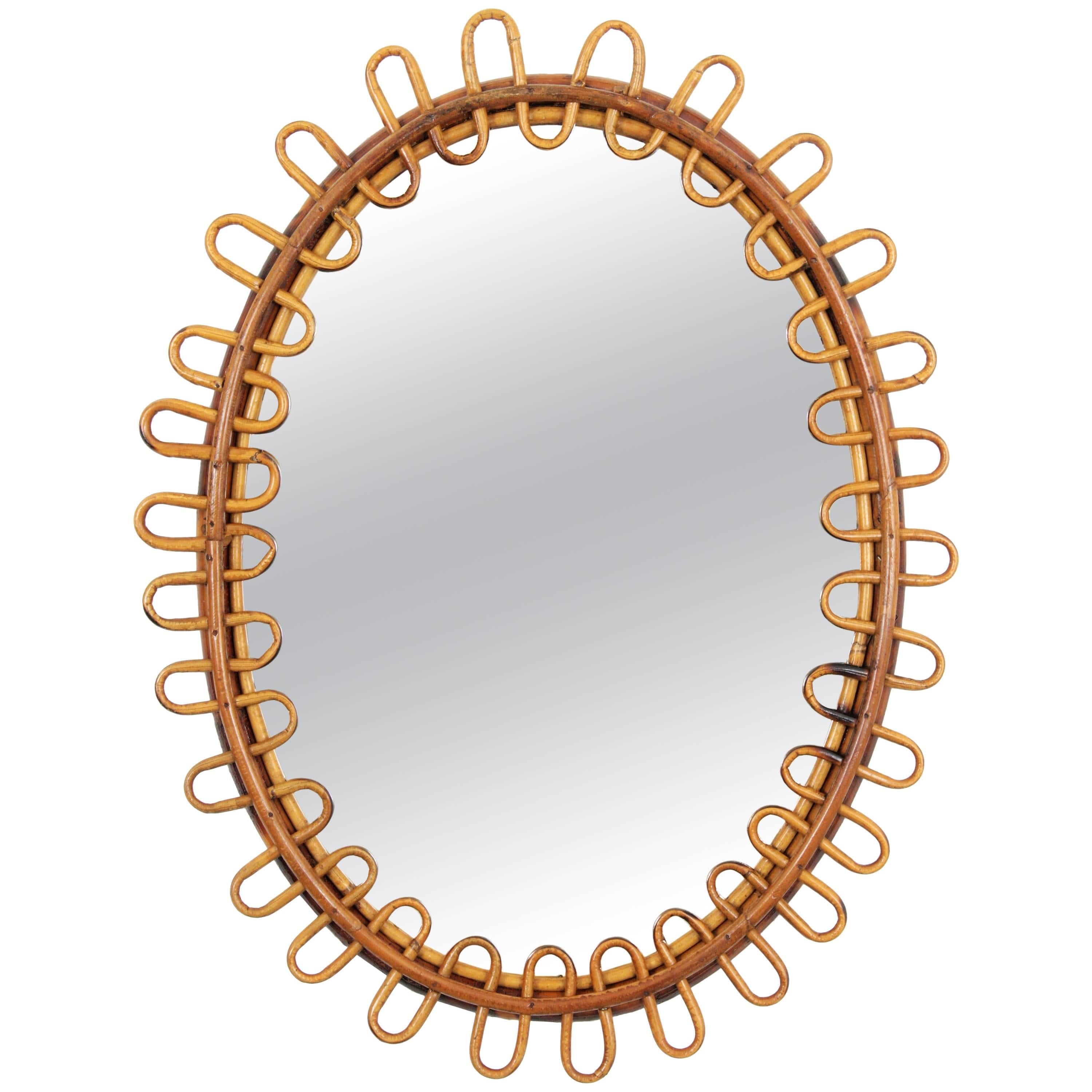 Jean Royère Style French Riviera, 1950s Rattan Mirror