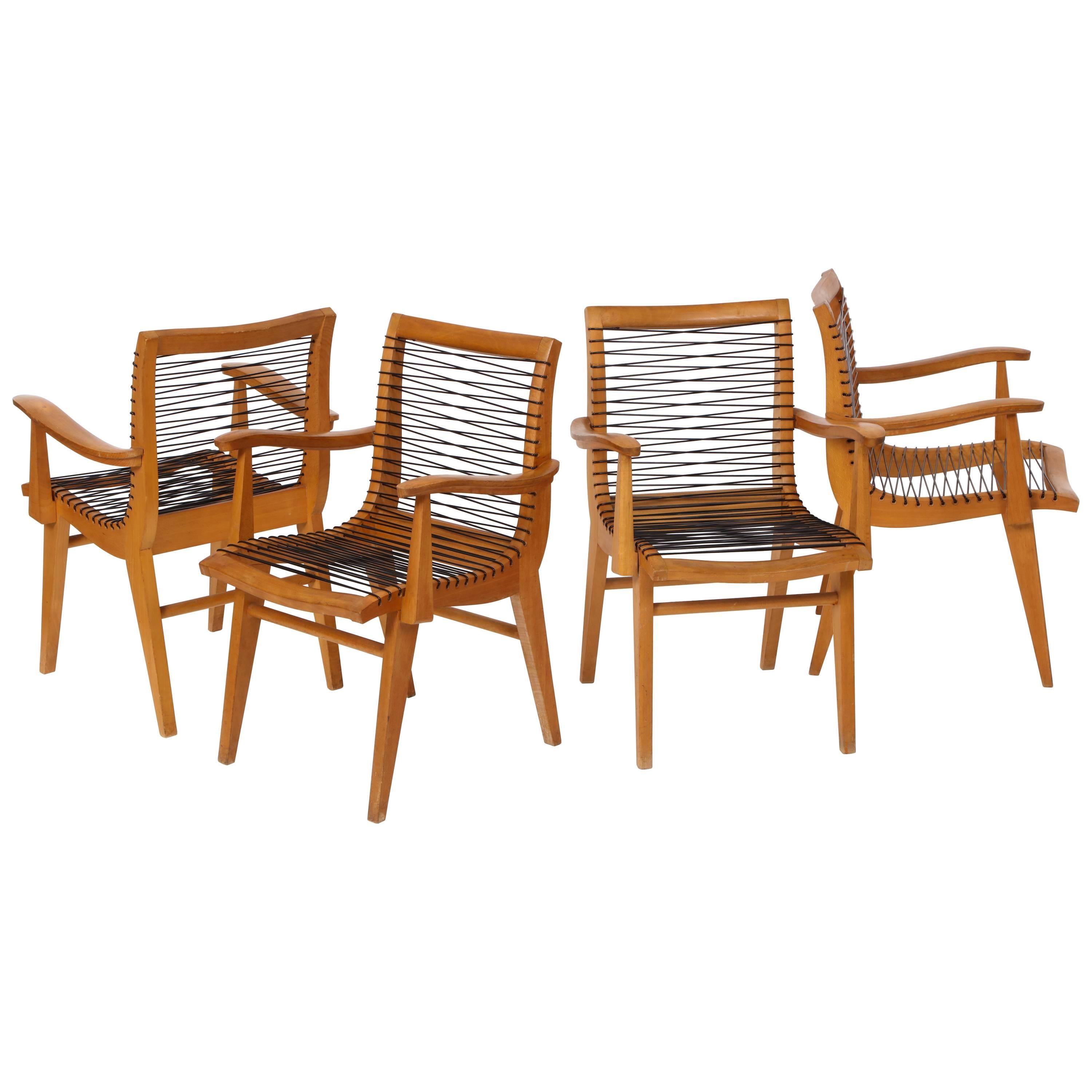 Louis Sognot Sculptural Wood French Mid Century Dining Office Chairs, 1950