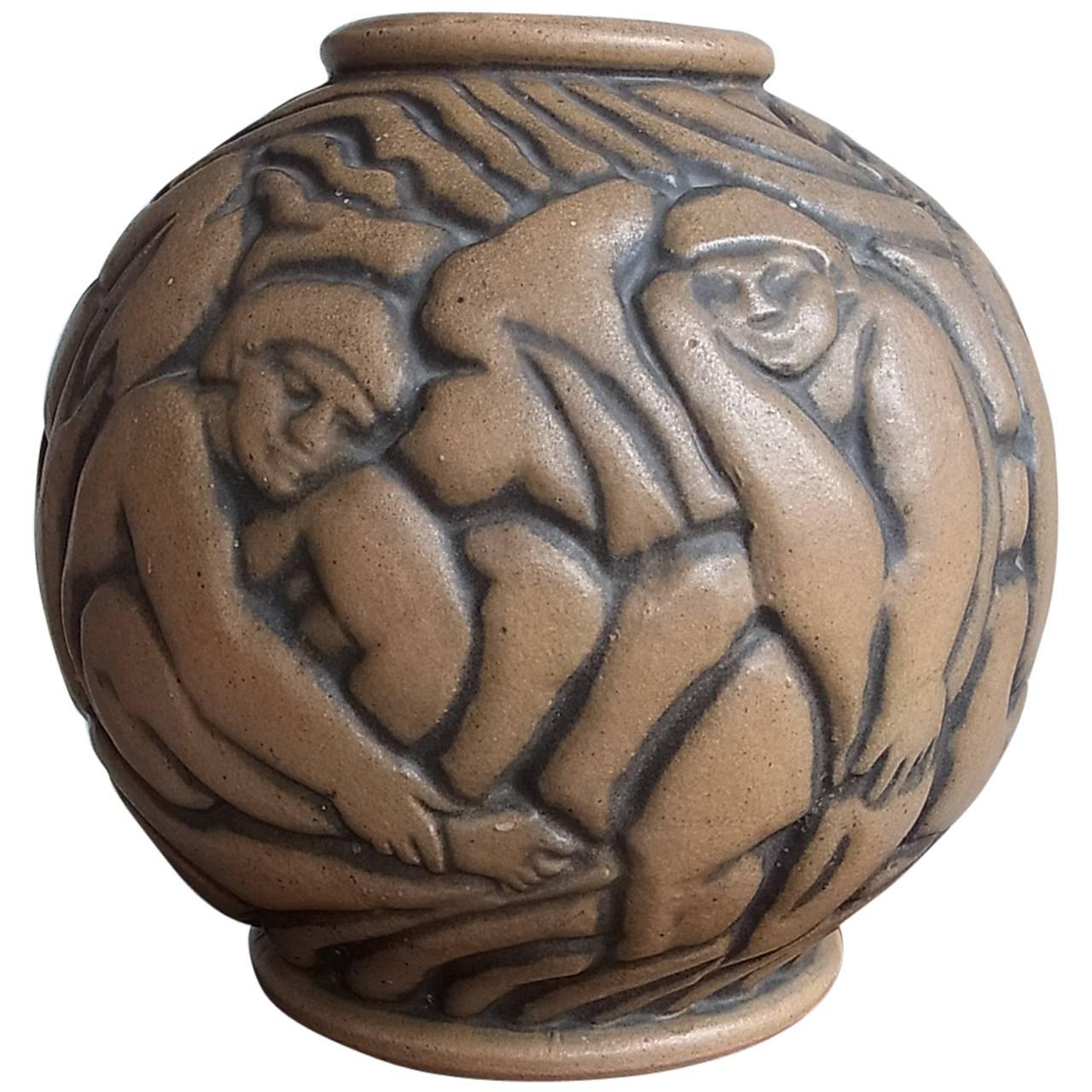 Art Deco Stoneware Spheric Vase by Gaston Goor for Les Freres Mougin For Sale