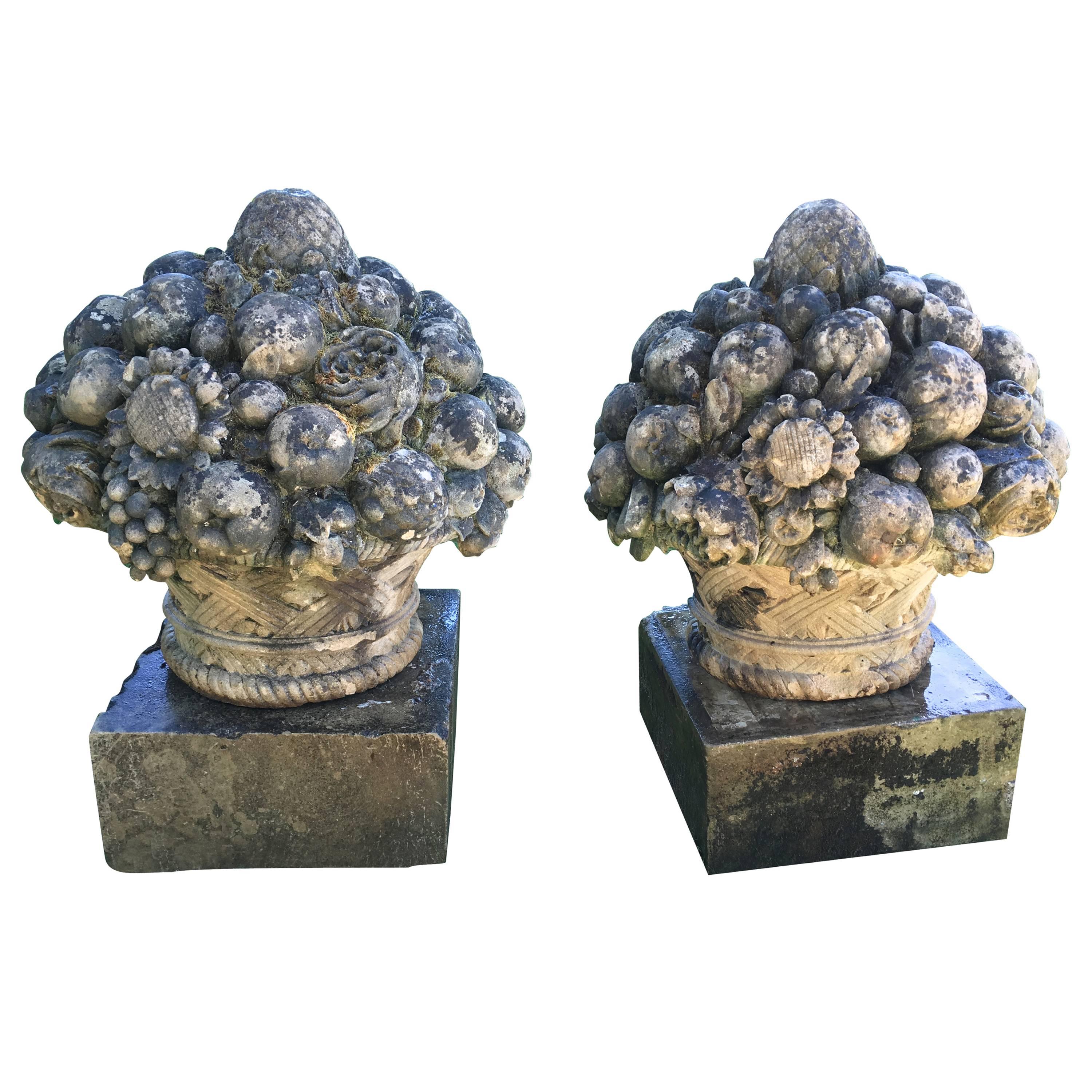 Magnificent Pair of Chateau-Sized Carved Stone Fruit and Flower Baskets