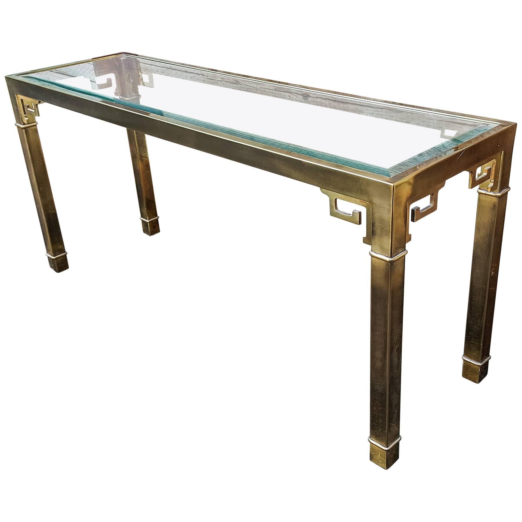 Long Mastercraft Brass and Glass Greek Key Console Table