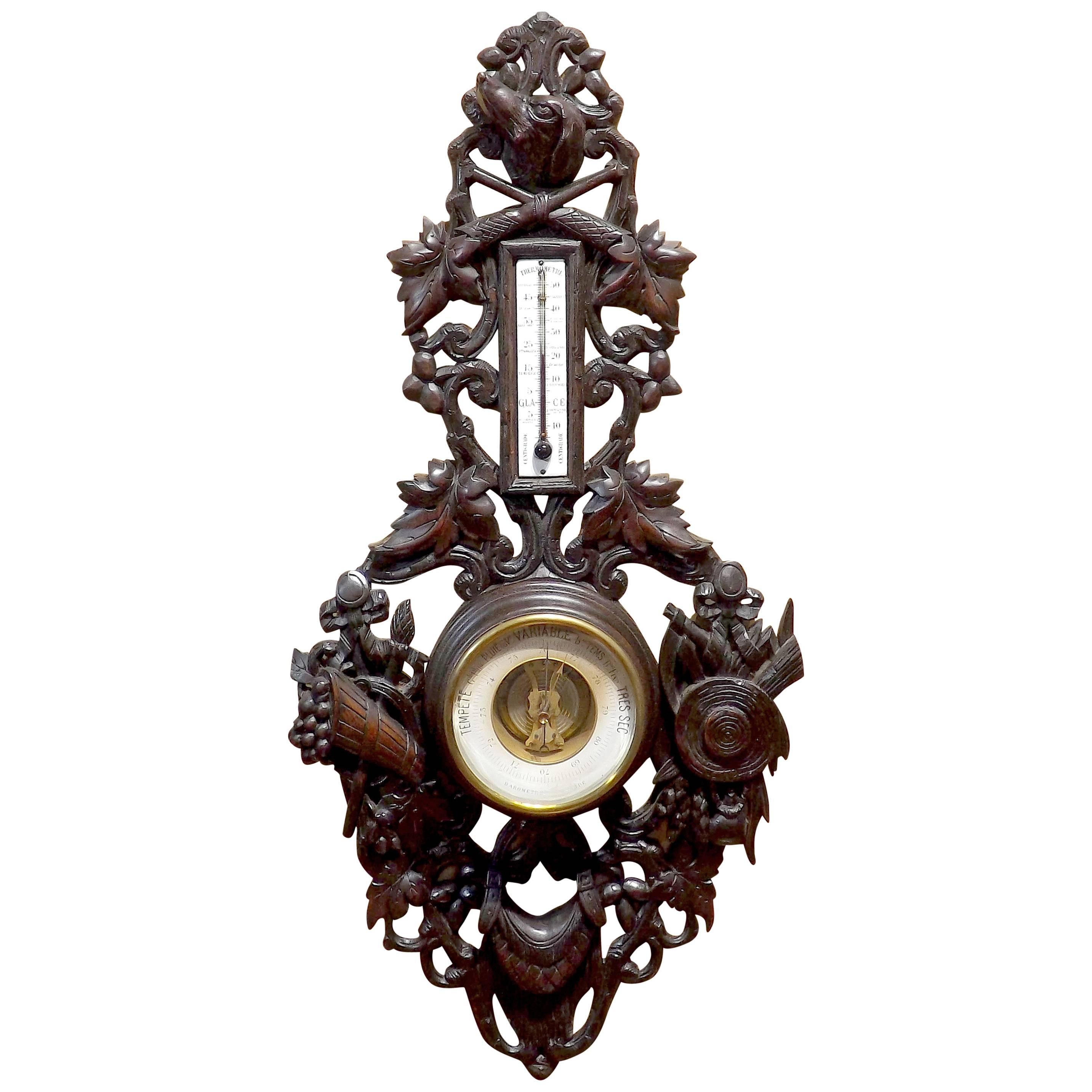 19th Century French Barometer with Carved Hunting Motif
