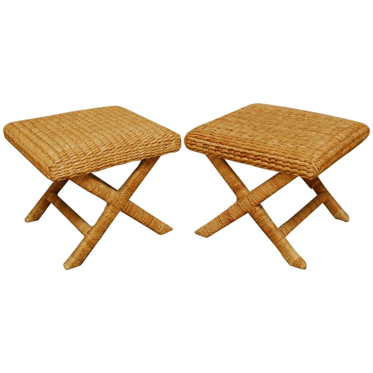 Pair of Woven Seagrass X-Base Benches or Stools