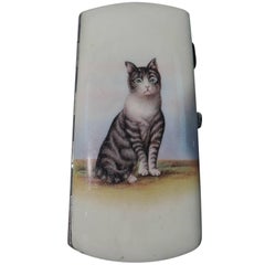 Super Cute Kitty Cat Cigarette Case in Silver and Enamel