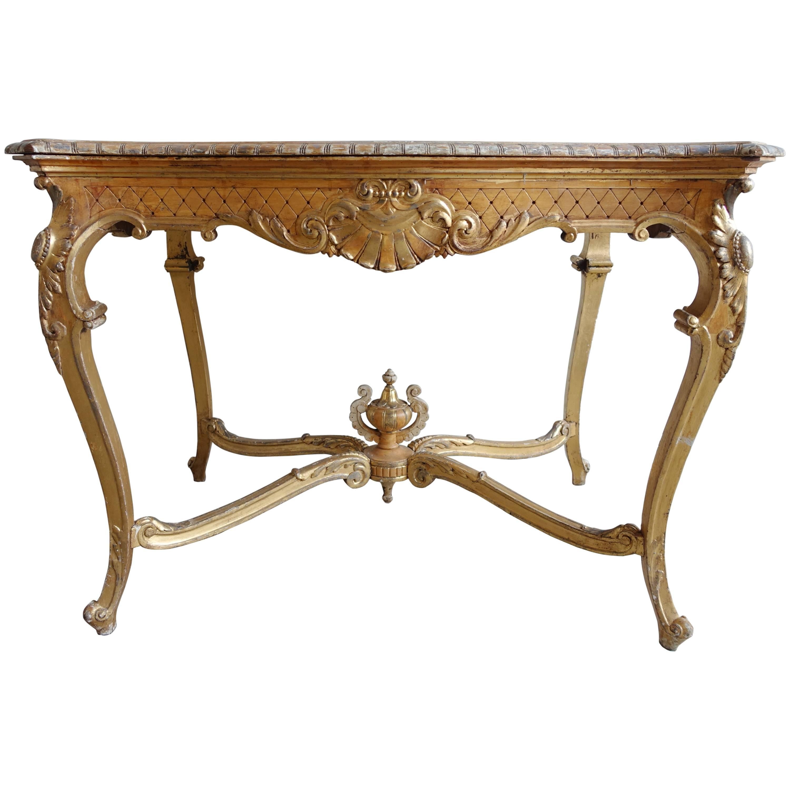 19th Century French Giltwood Table with Center Urn and Shell Design