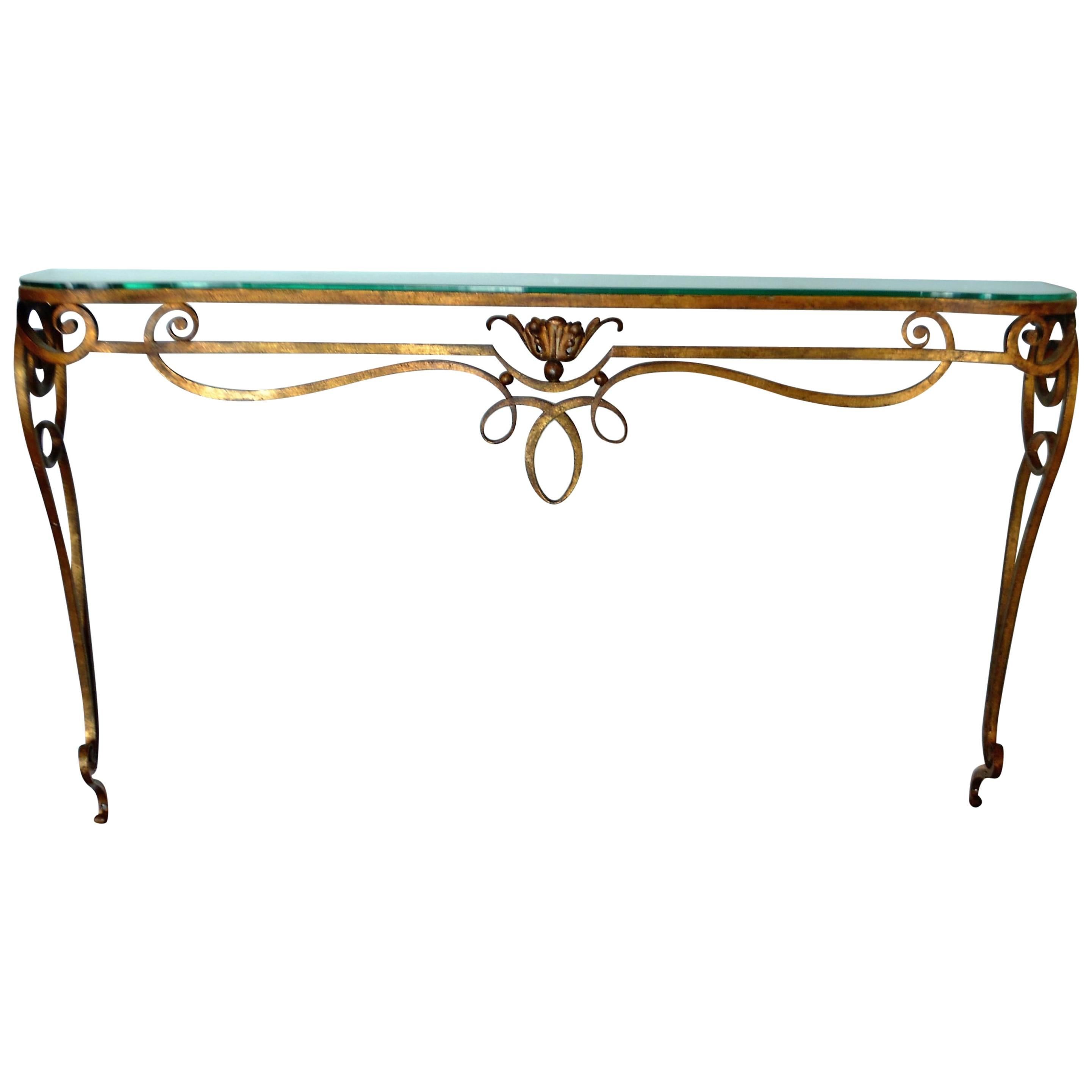 Wrought Iron Gilded Console Table with Glass Top