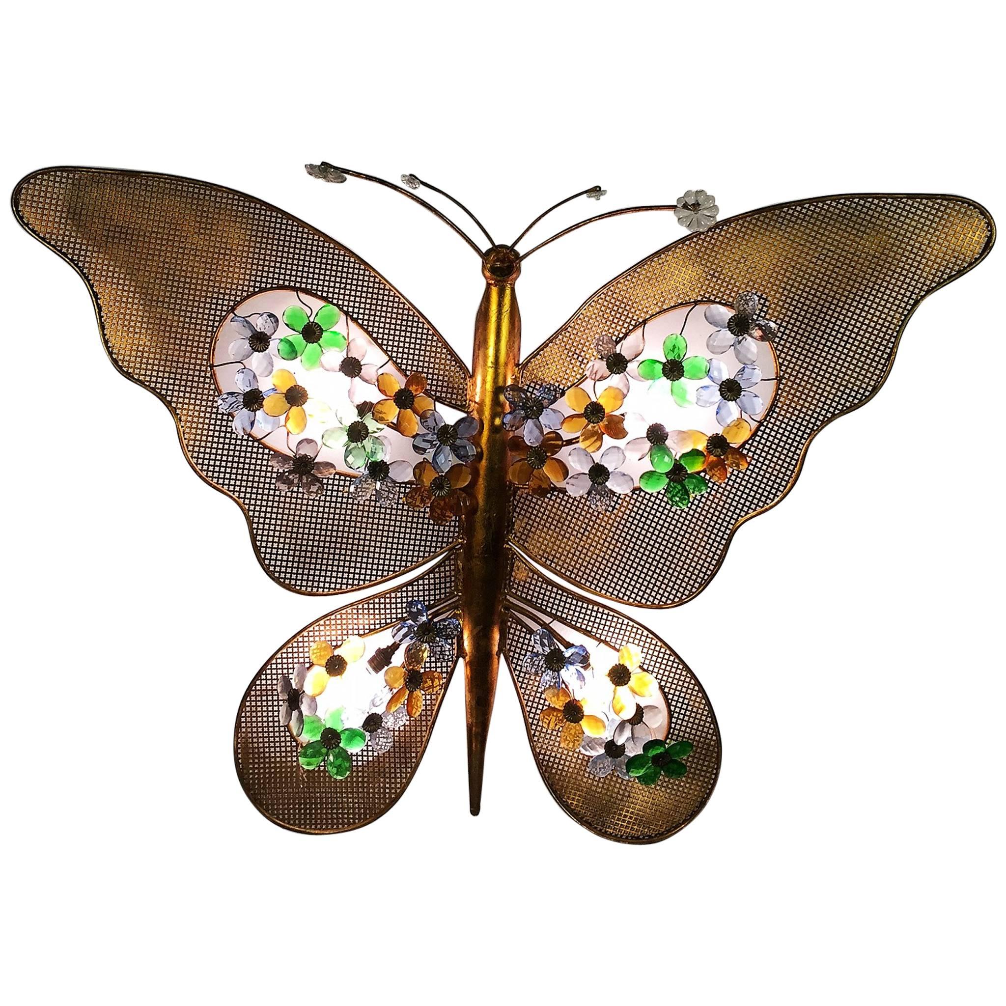 Gorgeous Italian Gilded and Crystal Illuminated Butterfly Wall Hanging For Sale