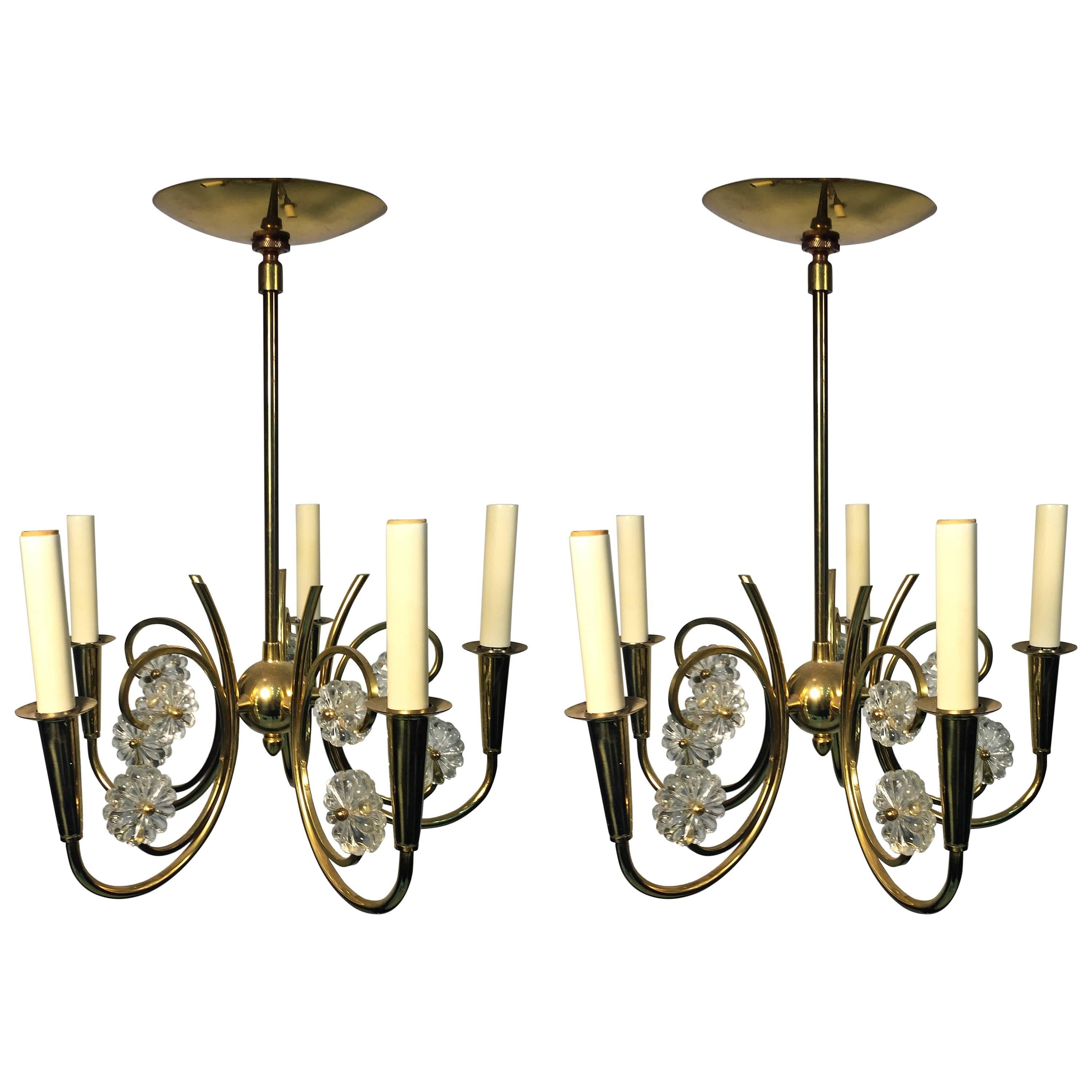  Great Pair of Hollywood Regency Period Brass and Crystal Floret Chandeliers For Sale