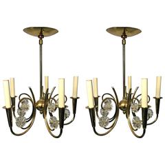  Great Pair of Hollywood Regency Period Brass and Crystal Floret Chandeliers