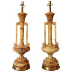 1950s Monumental Italian Butterscotch Alabaster Urn Lamps, Pair