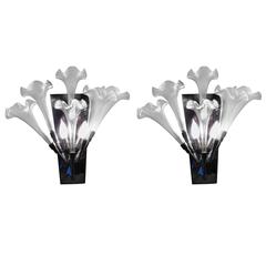 Exceptional Pair of 1970s Modernist Murano Glass Flower Form Sconces