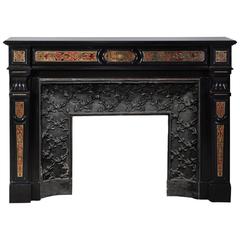 Antique Napoleon III Period Fireplace in Black from Belgium Marble and Boulle Marquetry