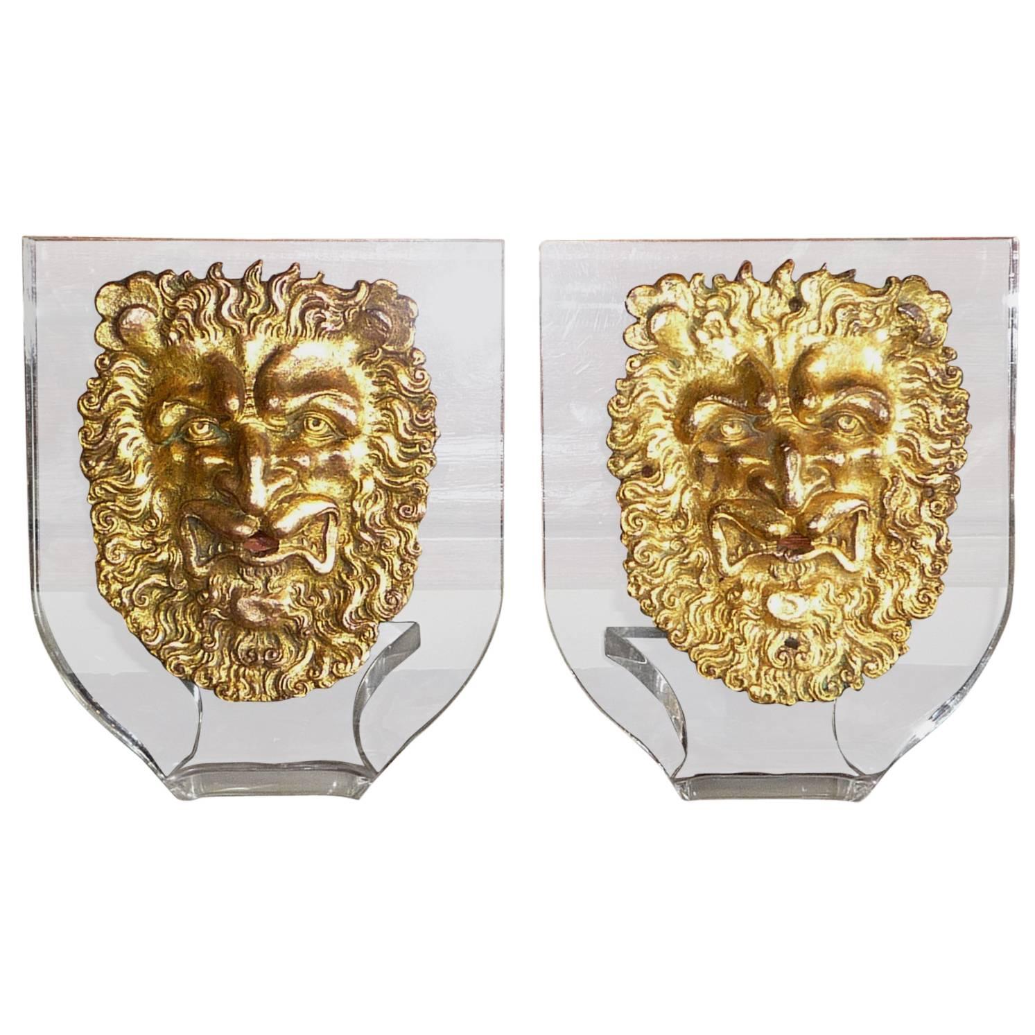 Pair of Roman Renaissance Period Gilt Bronze Masks of Lions, 16th Century