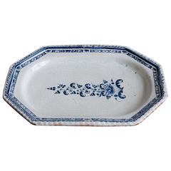 Blue and White Octagonal Faience Earthenware Platter, Rouen, Late 18th Century