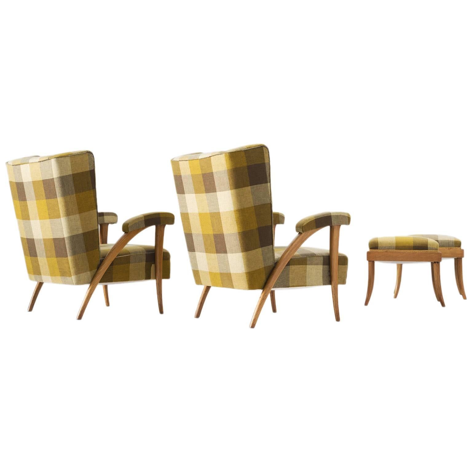 Pair of Italian Lounge Chairs and Ottomans in Green Checkered Upholstery