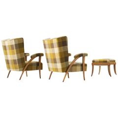 Pair of Italian Lounge Chairs and Ottomans in Green Checkered Upholstery