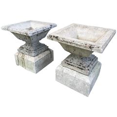 Pair of Magnificent Large French Stone Urns on Plinths