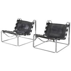 Olivier Mourgue Set of Two Black Leather Tubular Lounge Chairs