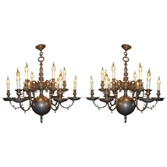 Antique Pair of 19th Century Pewter on Brass Chandeliers