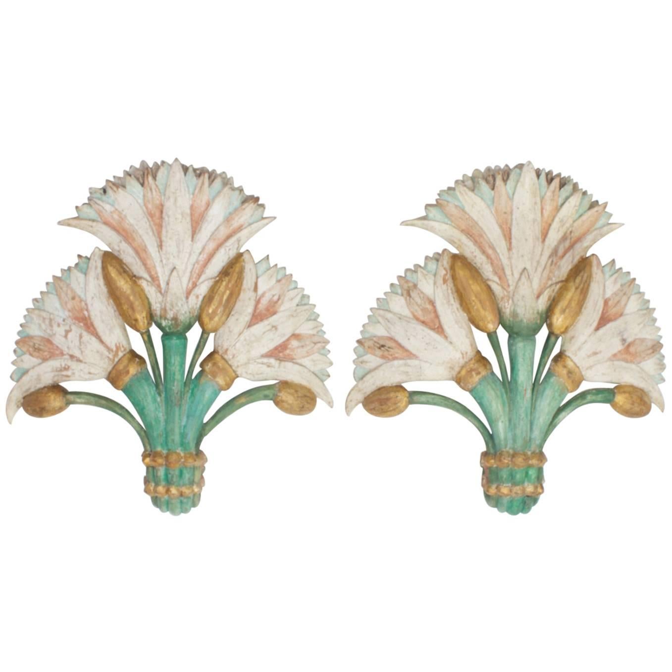 Pair of Exotic Italian Floral Carved Wood Wall Hangings